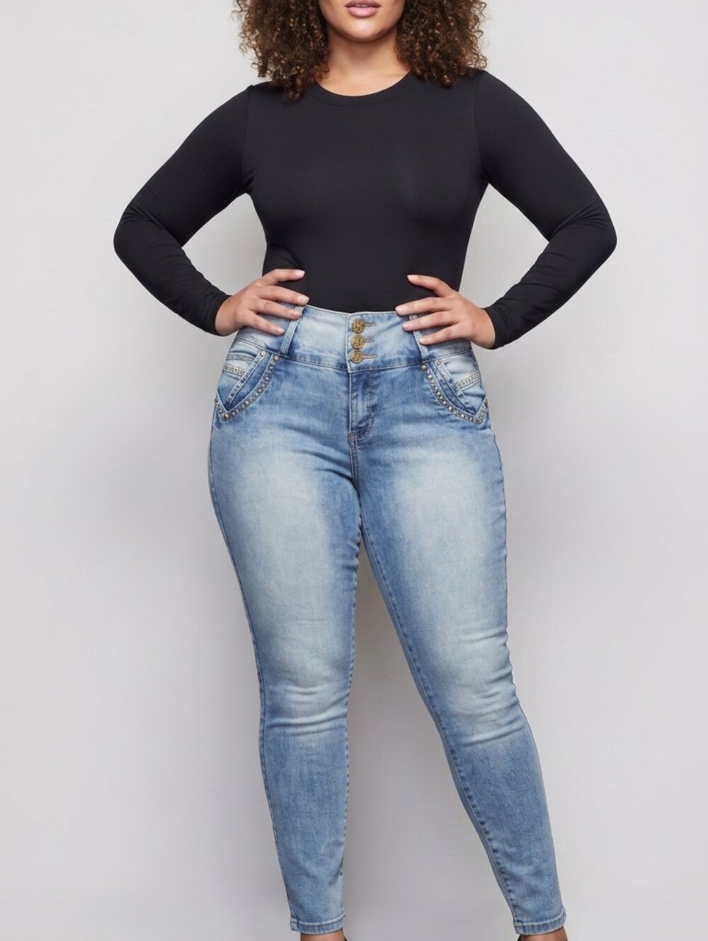 High-Rise Light Blue Women’s Jeans with Triple-Button Waist